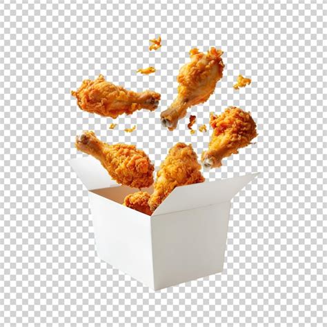 Floated Fried Chicken Legs Falling Into Paper Box Isolate On