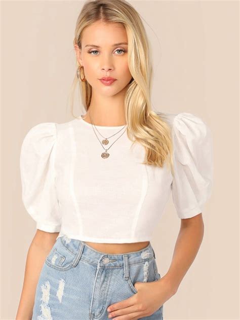 Shein Puff Sleeve Keyhole Back Crop Top Crop Tops Top Outfits Fashion