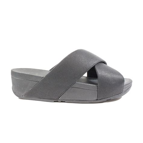 Fitflop Lulu Shimmer Slide Black Leather Womens Slip On Mule Sandals