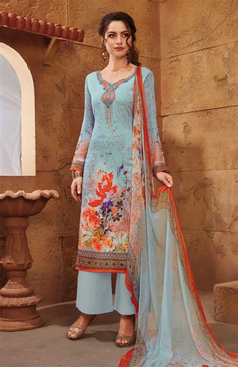 Sky Blue Satin Designer Printed Plus Size Salwar Kameez 618598P