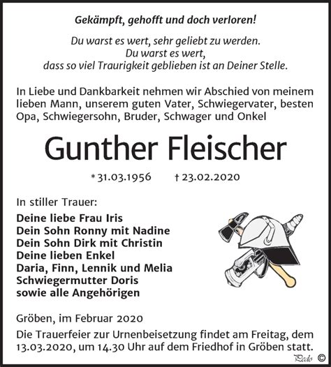 Traueranzeigen Von Gunther Fleischer Abschied Nehmen De