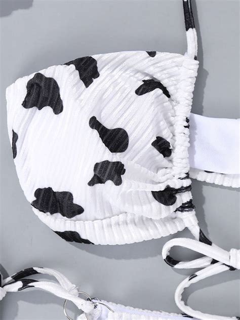 2021 Velvet Cow Print Halter Bikini Set White M In Bikini Sets Online