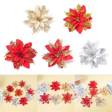 Pieces Cm Glitter Artificial Christmas Flowers Poinsettia Ornament