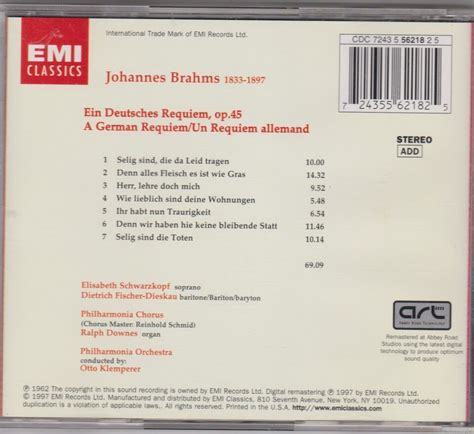 Brahms Cd Ein Deutsches Requiem Otto Klemperer Philharmonia Orchestra