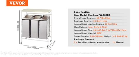 VEVOR Carrello Portabiancheria 3 Sacchi Rimovibili 725x410x890 Mm Cesta