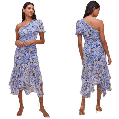 Astr Dresses Astr Santorini Blue Floral One Shoulder Handkerchief