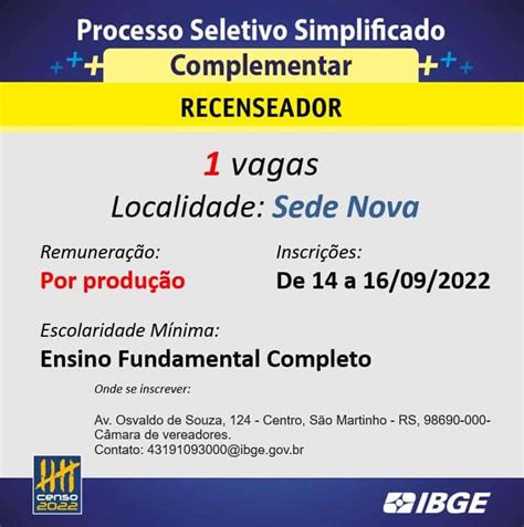 IBGE Abre Processo Complementar Vagas Para Recenseador Em Seis