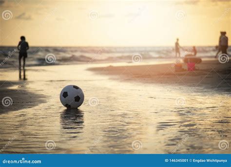 Soccer Ball On Sand Playing Football At The Beach Sunset Sea Background Stock Image Image Of