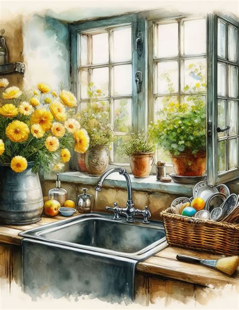 Country Sink With Yellow Flowers Clipart Bundle 10 High Res Watercolor