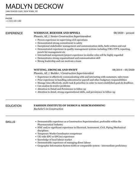 Construction Superintendent Resume Samples Velvet Jobs