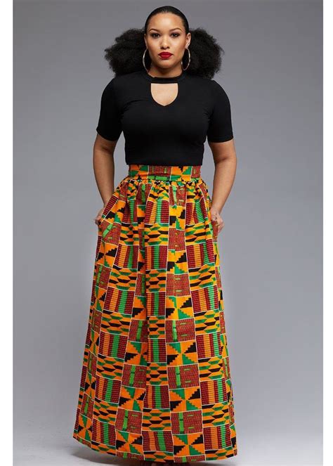 Skirts Uma Chic African Print Maxi Skirt Yellow Green Kente African Print Maxi Skirt