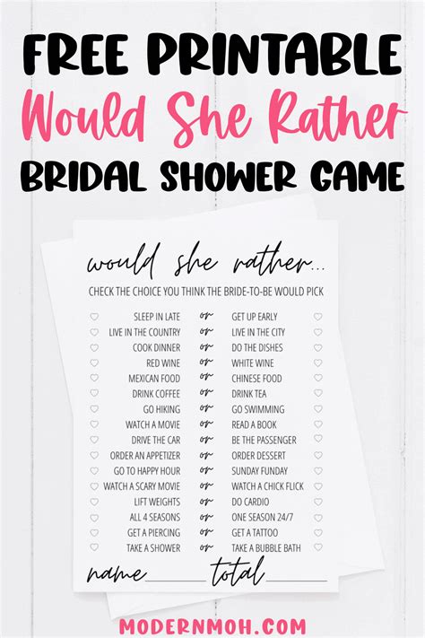 Would She Rather Bridal Shower Game Free Printable Modern MOH Free