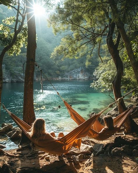 A Group Of Friends Relaxing Hammocks Wallpaper Premium Ai Generated Image