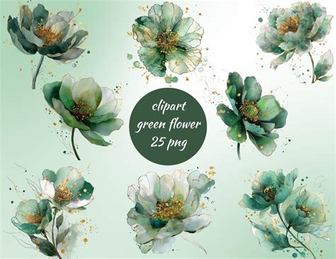 Watercolor Green Flowers Clipart Bundle Botanical Png Art Commercial