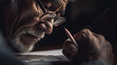 Portrait Of Old Man In Glasses Writing In Background Picture Of Man Drawing Background Image