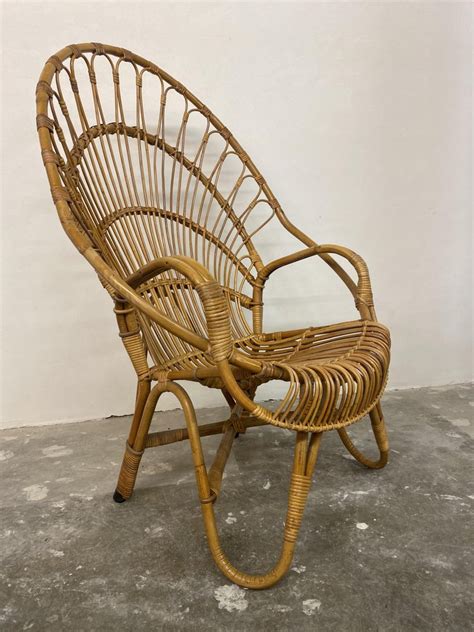 Mid Century Rattan And Bamboo Peacock Lounge Chair Attributed To Rohé