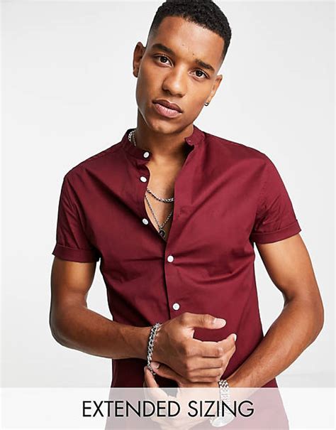 Asos Design Skinny Fit Shirt With Grandad Collar In Burgundy Asos