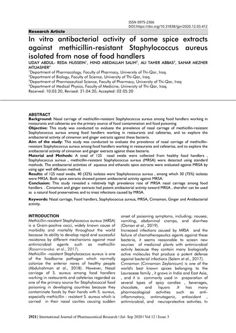 Pdf In Vitro Antibacterial Activity Of Some Spice Extracts Against