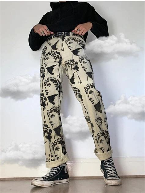 Pantalones Vaqueros Con Estampado De Estatua Para Hombre Jeans