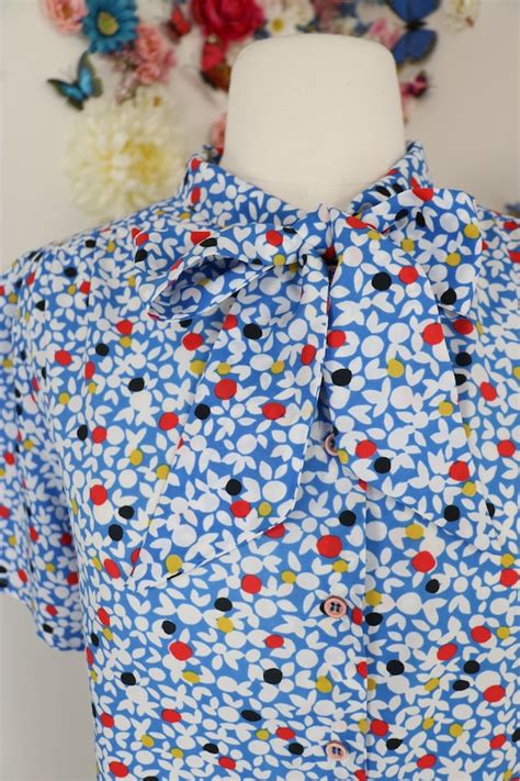 Vintage S S Floral Pussy Bow Blouse S Tie Neck Blue Etsy