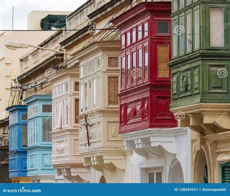 Street With Colourful Traditional Wooden Maltese Balconies In Sliema Malta Stock Image Image