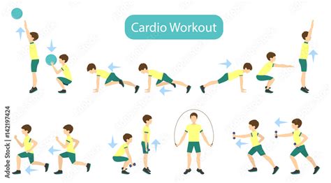 Exercises for kids set. Workout for boy. Cardio exercises with weights, jumping rope and ball ...