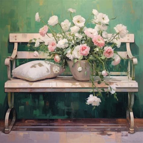 Premium Ai Image Painting Of A Bench With A Vase Of Flowers On It