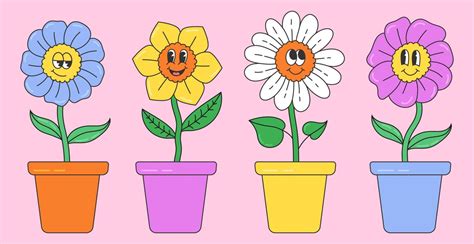 Abstract Plants Simple Domestic Flowers In Pots With Faces Hand Drawn