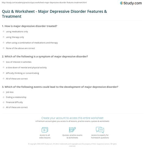 Quiz And Worksheet Major Depressive Disorder Features And Treatment