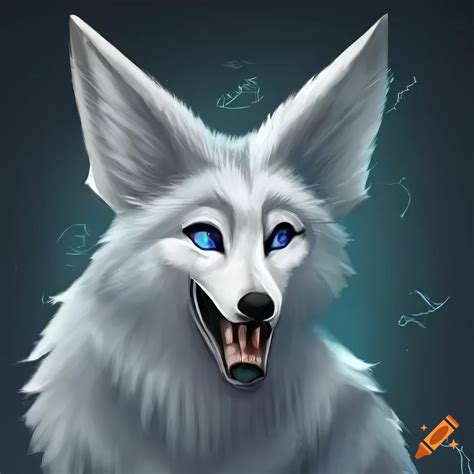 Anthropomorphic Male White Wolf With Fennec Fox Ears And Blue Eyes In