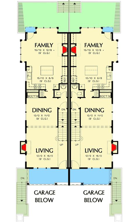 Plan 69385AM: Open Living in Craftsman Duplex | Duplex floor plans ...