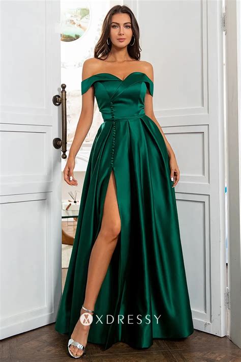 Elegant Dark Green Satin Button High Slit Evening Gown Xdressy