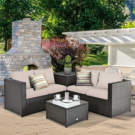 Gymax 4pcs Cushioned Rattan Patio Conversation Set W Coffee Table Side