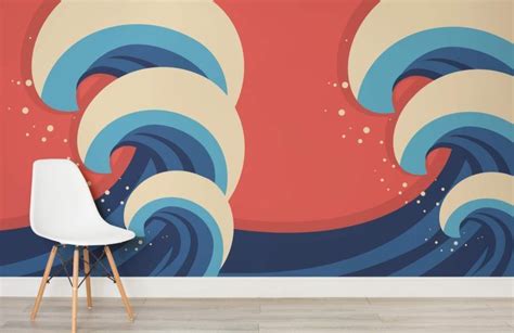 Illustrated Waves Wall Mural Waves Wallpaper Ocean Mural Mural