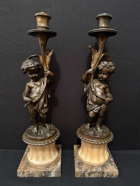 Proantic Paire De Bougeoirs Lampes Aux Putti Bronze Poque Napol On