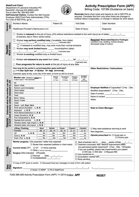 Fillable Activity Prescription Form Washington State Department Of Labor Printable Pdf Download