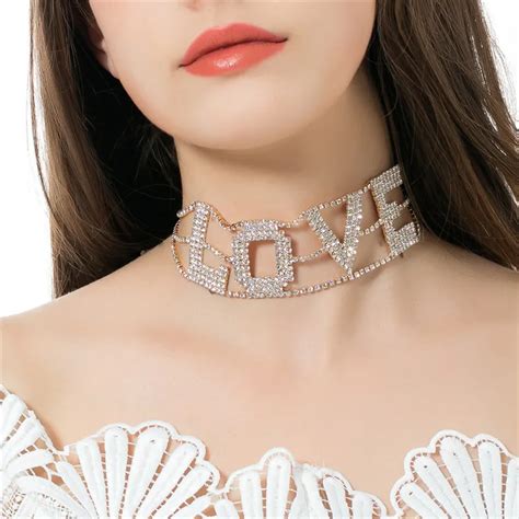 2017 Chunky Punk Style Rhinestone Letter Love Crystal Choker Necklace