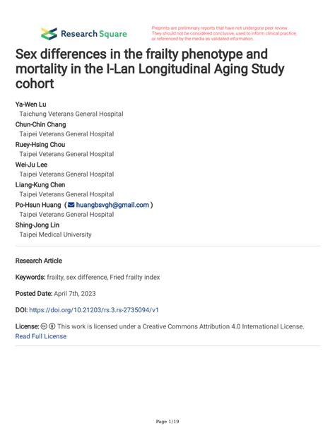 PDF Sex Differences In The Frailty Phenotype And Mortality In The I