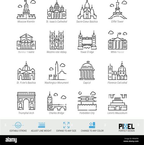 Línea Vector Conjunto de iconos Lugares de interés mundial