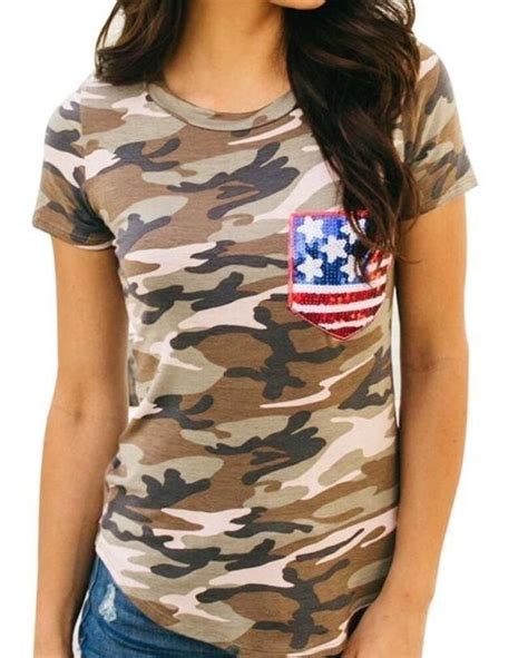 Camouflage American Print T Shirt Camouflage T Shirts Short Sleeve Shirt Women American Shirts