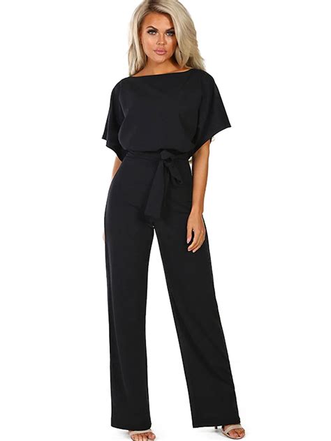 Tuscom Women Short Sleeve Belt Jumpsuit Romper Party Wide Leg Playsuit