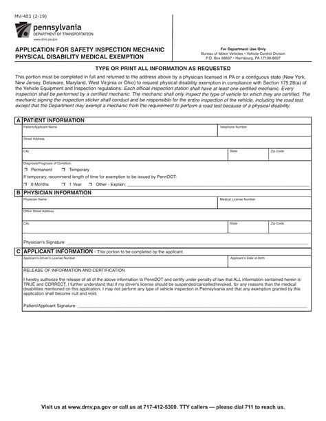 PA DMV Form MV 403 Application For Safety Inspection Mechanic Physical