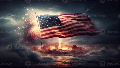 American Flag Waving In The Air With Fireworks And Night Scene View