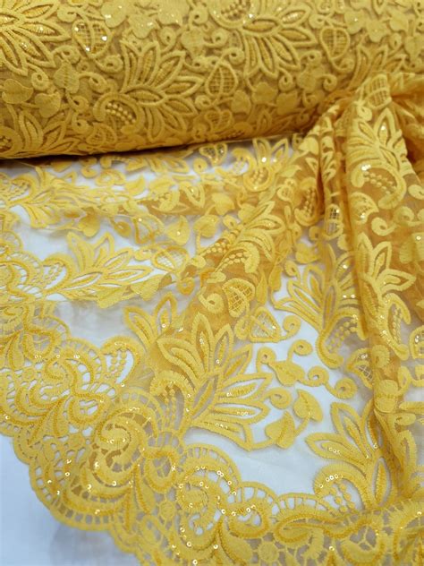 Yellow Floral Flowers Embroidered Lace Clear Sequins Prom Fabric Sold