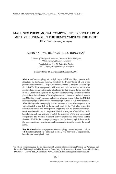 PDF Male Sex Pheromonal Components Derived From Methyl Eugenol In The Hemolymph Of The Fruit