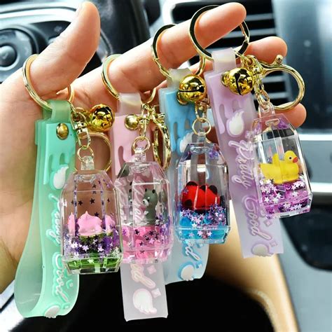 Girl Heart Acrylic Floating Key Chain Sea Doll Quicksand Key Pendant Into Oil Liquid Pendant Key Png