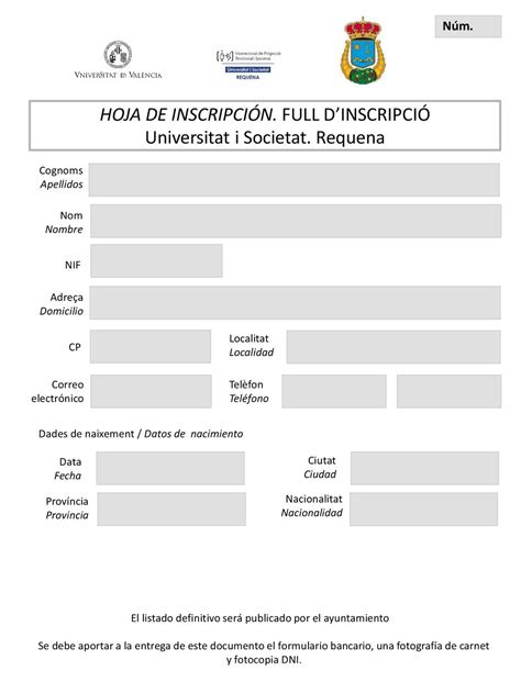 Hoja De Inscripci N Full Dinscripci Universitat I Societat Requena