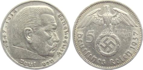 Drittes Reich 1937 A 5 Mark Hindenburg Mit Hakenkreuz VF MA Shops