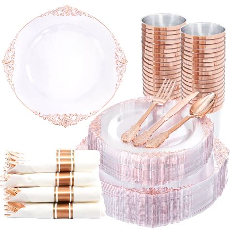 Nervure 350PCS Rose Gold Plastic Plates - Clear Rose Gold Disposable ...