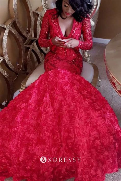 Red Sequin 3D Rose Long Sleeve Trumpet Prom Dress Xdressy